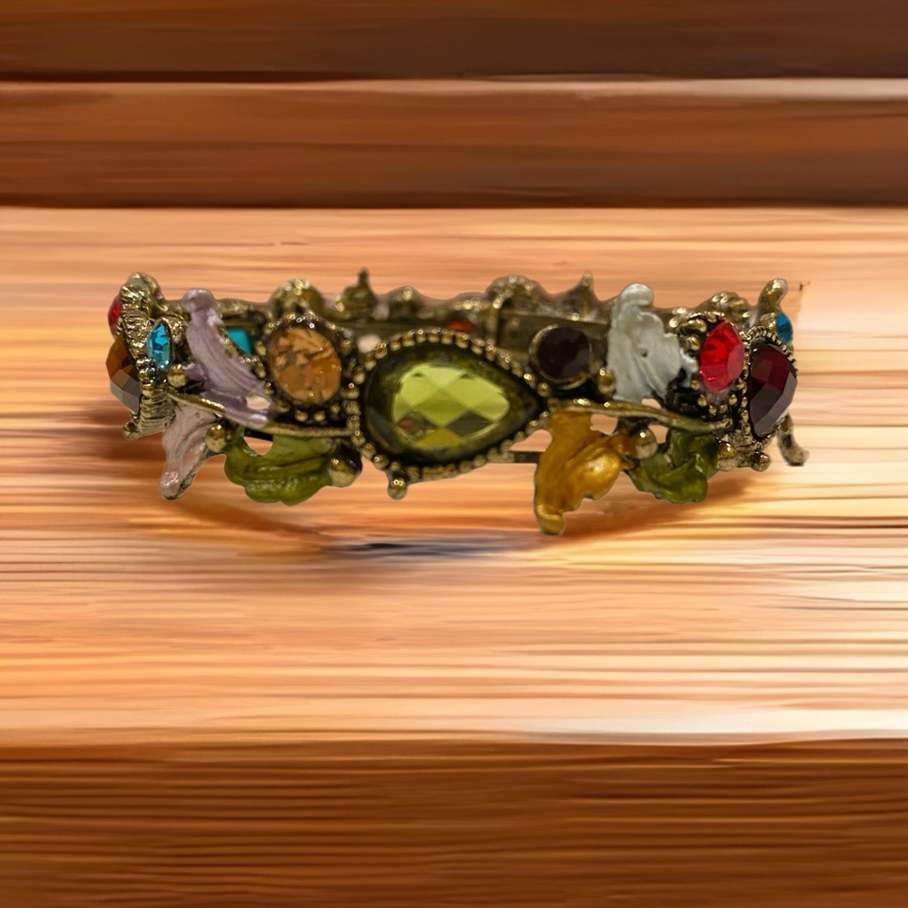Burnished Gold Multi Colored Teardrop Crystal Flower Bangle Bracelet